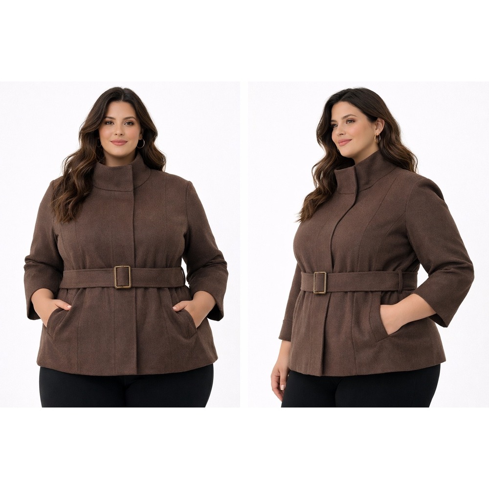 Mossimo Brown Wool Blend Funnel Neck Belted Jacket XXL Plus Size 3/4 Bell Sleeve